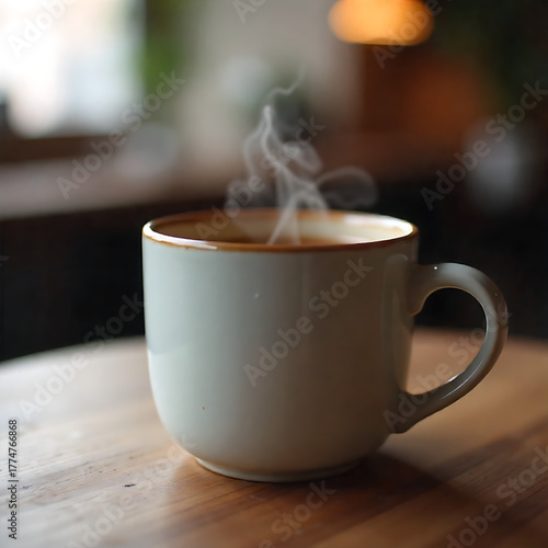 Steaming coffee mug in cozy café
