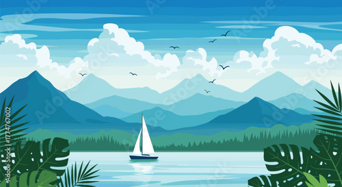 A peaceful sailboat glides on a serene lake, framed by lush tropical leaves, against a backdrop of majestic layered mountains and clouds.