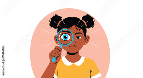 A curious young girl with pigtails holding a magnifying glass over her eye, symbolizing observation, investigation, and the joy of discovery.