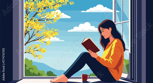 A young woman enjoys a peaceful moment reading a book by an open window, bathed in soft light, with a vibrant autumn tree outside.
