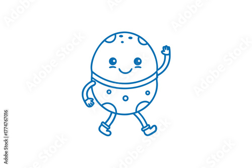 Playful potato line character cheerfully waves while walking on a white background