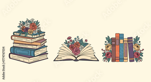 Vintage style illustrations of books adorned with beautiful floral arrangements, symbolizing knowledge, nature, and the joy of reading.