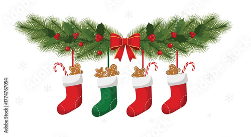 Holiday Christmas garland with red and green stockings filled with gingerbread cookies and candy canes, decorated with holly, red berries, and a festive bow.