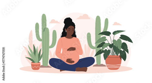 A peaceful pregnant Black woman sits cross-legged, holding her baby bump, surrounded by cacti and houseplants, embracing maternity and calm.