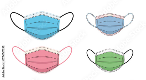 A collection of four disposable medical face masks in various colors like blue, pink, and green, illustrated on a white background.