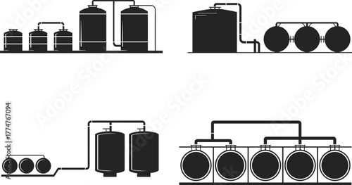 Industrial oil storage tanks and refinery processing plant system illustration, petroleum chemical production facility,