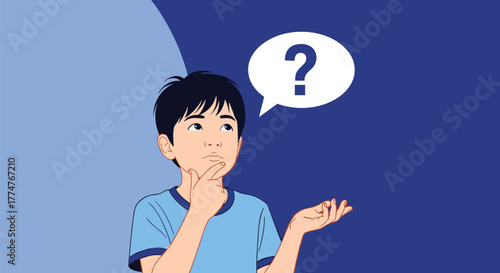 A young Asian boy with a thoughtful expression is pondering a question, indicated by a question mark in a speech bubble.