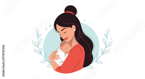 A loving mother gently cradles her sleeping baby, surrounded by delicate leaves, symbolizing peace and new life.