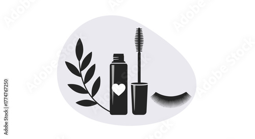 Natural beauty essentials including mascara, a brush, false eyelashes, and a leafy branch, symbolizing cosmetic care and eye enhancement.