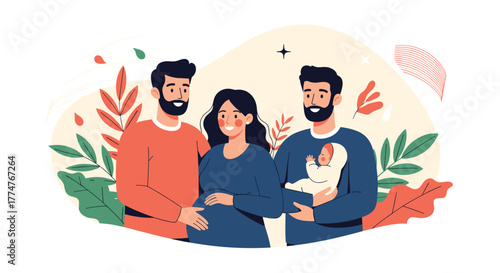 A diverse and happy family portrait showcasing two fathers, a pregnant woman, and a newborn baby, surrounded by warm, natural foliage.