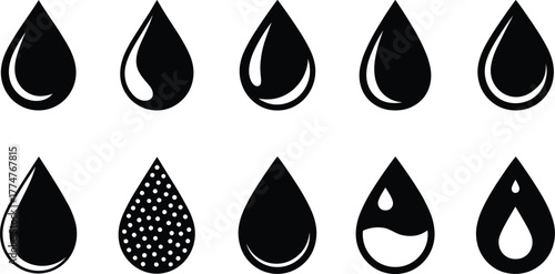 Set of black water drop icon designs, creative liquid droplet collection, minimalist teardrop shapes, graphic symbols for water concept illustration