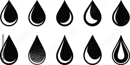 Set of black water drop icon designs, creative liquid droplet collection, minimalist teardrop shapes, graphic symbols for water concept illustration
