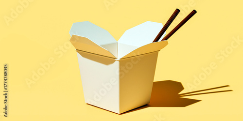 Minimalist takeout food box with open flaps and wooden chopsticks on a bright yellow background