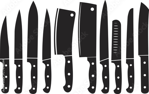 Set of professional kitchen knives illustration, black and white silhouette design, chef tools collection, butcher cleaver,