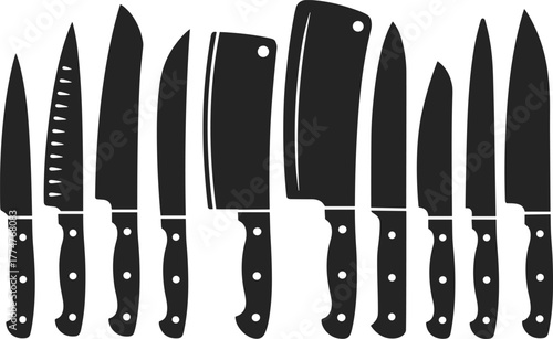 Set of professional kitchen knives illustration, black and white silhouette design, chef tools collection, butcher cleaver,