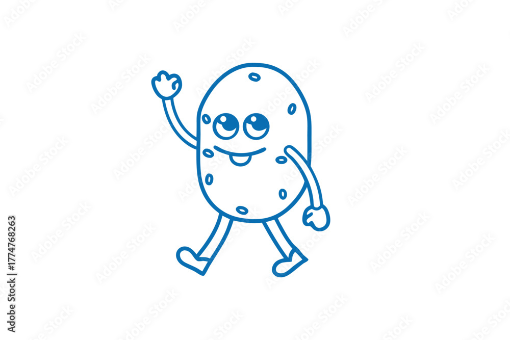 Obraz premium Outlined blue potato character with a cheerful smile waves while walking on white