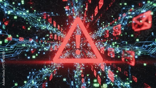 Digital Data Explosion Urgent Warning Alert on Cybersecurity Threats and Network Communication Graphics Highlighting Information Overload and Rapid Data Flows