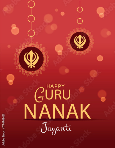 Happy Guru Nanak Jayanti poster with text, bokeh, symbol of sikhism. Indiana celebration greeting creative design. Vector illustration