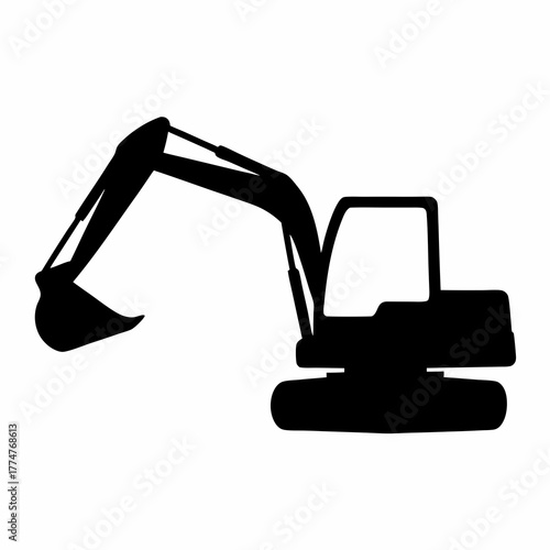 Silhouette of a construction excavator with arm and bucket extended, isolated on white