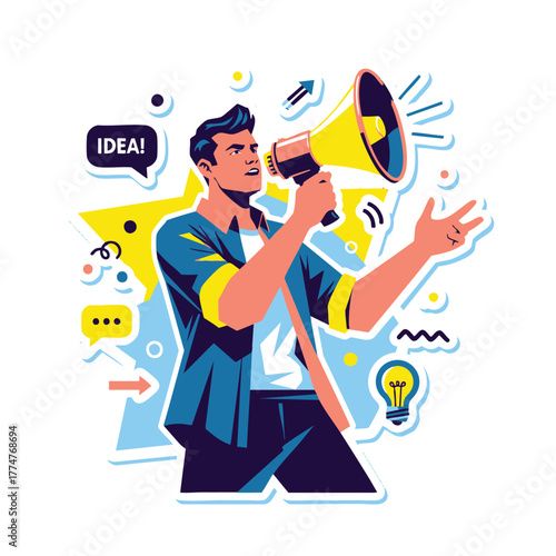Man with Megaphone Announcing and Promoting a Creative Idea with Icon Elements - Vector Art