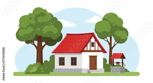 Small village house with red roof and water well