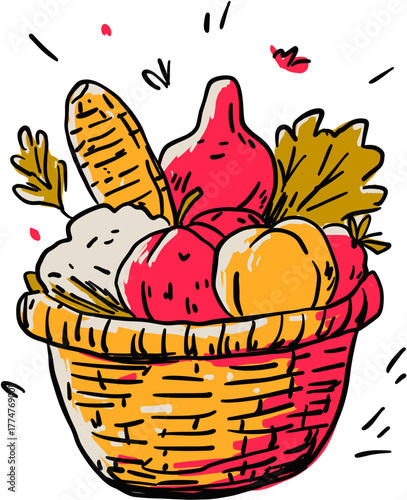 Harvest Basket with Fruits and Leaves Autumn Bounty Icon