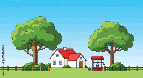 Cartoon country house with well and trees, set against a blue sky