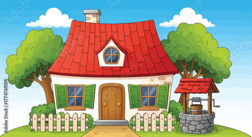 Illustration of a cute house with well and trees on a sunny day