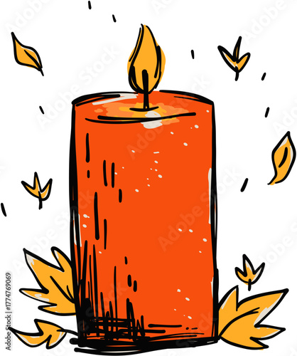 Tall Burning Candle with Falling Leaves Cozy Autumn Candle Icon