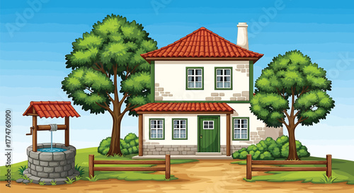 Illustration of a cozy house with a well and trees on a sunny day