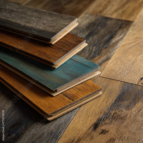 Stacks of wood planks on a hardwood floor