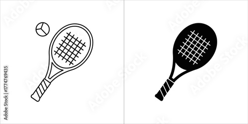 Tennis racket and ball icon set in black and white