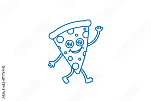 Happy slice of pizza mascot character is walking and waving its hand cheerfully