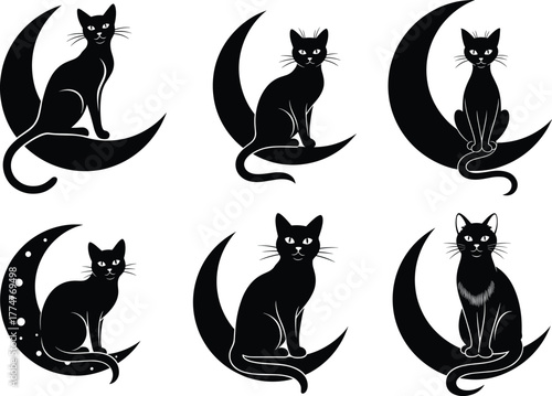 Cats on crescent moons silhouette set, mystical feline vector, black clipart, celestial pet design, moonlight animal icons, fantasy art