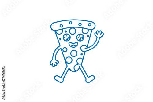 Smiling pizza slice with cute pepperoni walks cheerfully while waving its hand happily