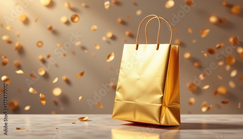A stunning mockup of a metallic gold shopping bag floating in the air against a promotion background