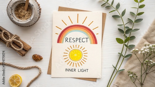 Respect Inner Light Inspirational Quote Card with Rainbow and Sun