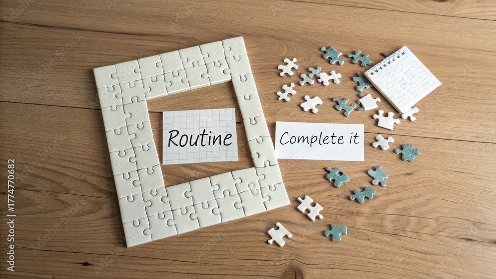 Fototapeta premium Puzzle Pieces Arranged with Words Routine and Complete It on Wood