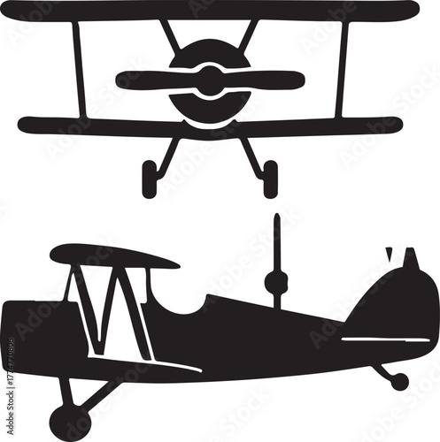 Vintage biplane aircraft silhouette icon, retro aviation design, classic old airplane vector