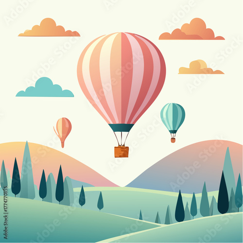 A vibrant illustration of hot air balloons floating over rolling hills and stylized trees under a cloudy sky.