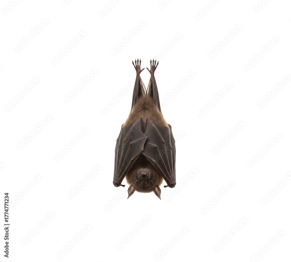 Naklejka premium Large Brown Bat Hanging Upside Down Looking Forward Isolated On Transparent Background