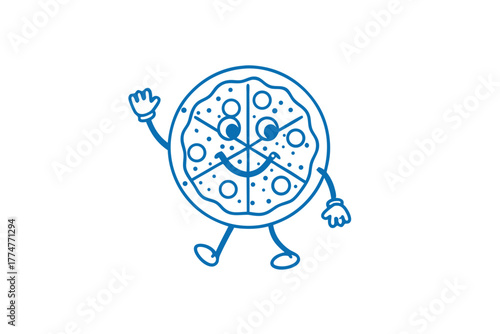 Joyful pizza character waves, showcasing an outline with fun toppings and smile