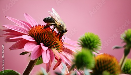 bee on pink flower with green and red plants in pink background