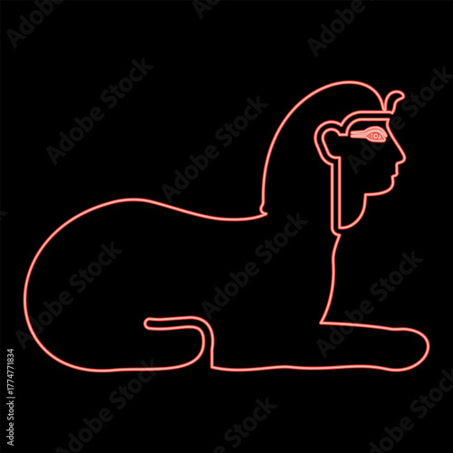 Neon sphinx Egypt pyramid concept egyptian statue of Giza red color vector illustration image flat style