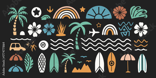 Collection of flat design summer vacation icons and elements on a black background