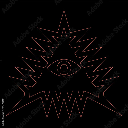 Neon mason symbol occult emblem of masonic Illuminati triangle all seeing eye of vision providence sacred sign in pyramid in triangle secret concept red color vector illustration image flat style