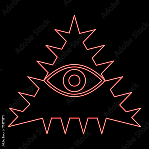 Neon mason symbol occult emblem of masonic Illuminati triangle all seeing eye of vision providence sacred sign in pyramid in triangle secret concept red color vector illustration image flat style