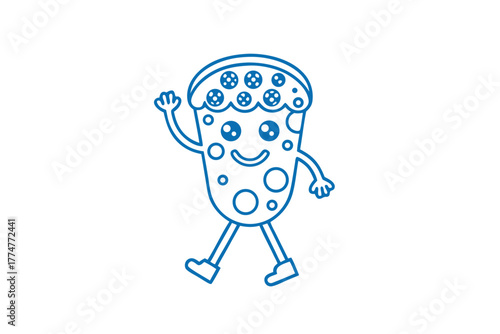 Cute blue pizza slice character cheerfully waving walks against a simple white background