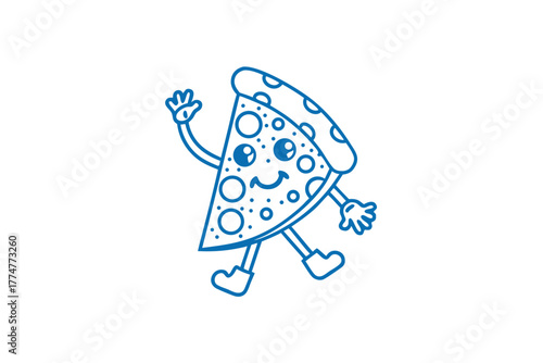 Joyful pizza slice character walks cheerfully while waving a friendly hello in blue lines