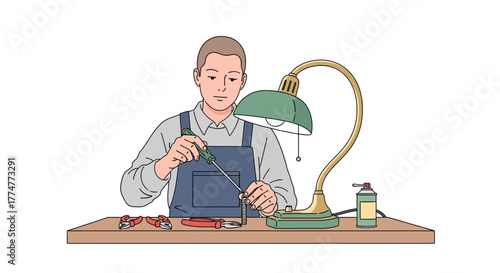 Skilled craftsman meticulously repairs small intricate part with tools under bright desk lamp, showcasing dedication to precision work and detail